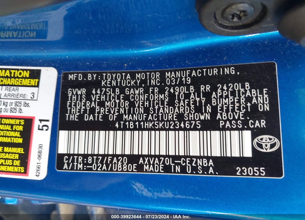 2019 TOYOTA CAMRY LE VIN: 4T1B11HK5KU234675