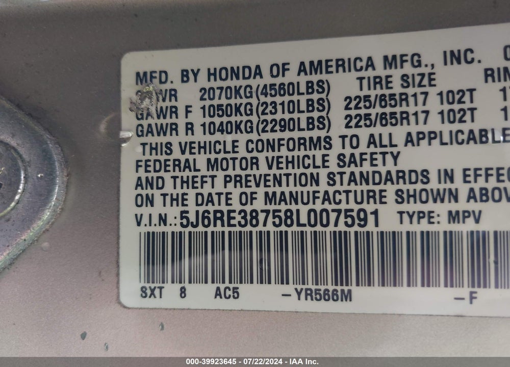 2008 HONDA CR-V EX-L VIN: 5J6RE38758L007591