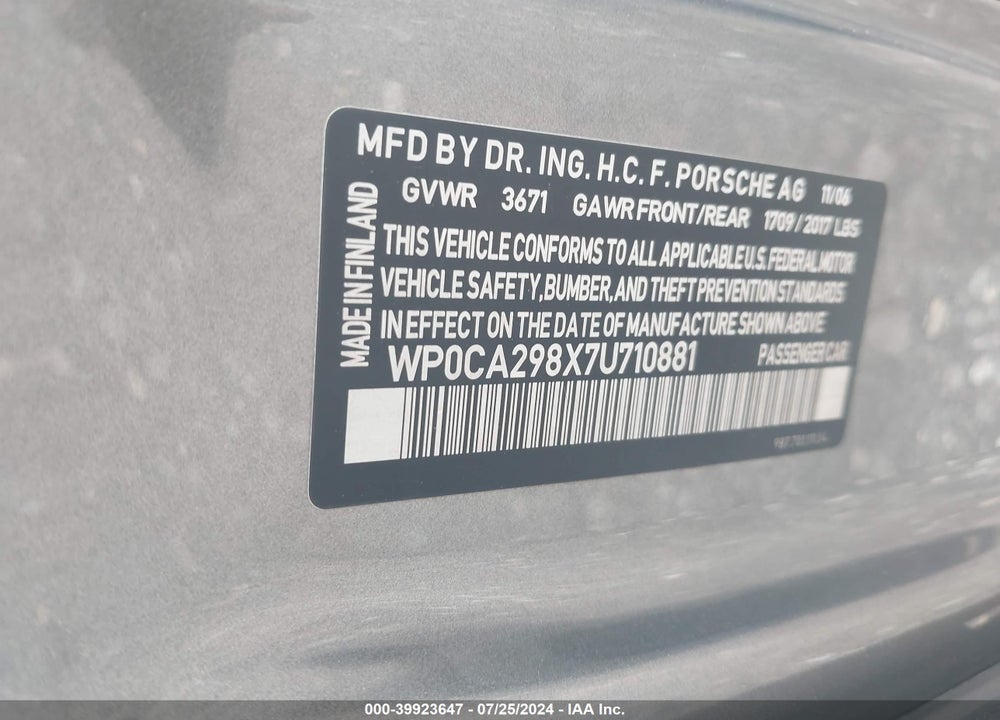 2007 PORSCHE BOXSTER VIN: WP0CA298X7U710881