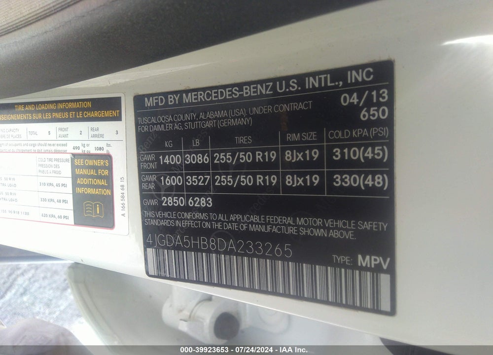 2013 MERCEDES-BENZ ML 350 VIN: 4JGDA5HB8DA233265