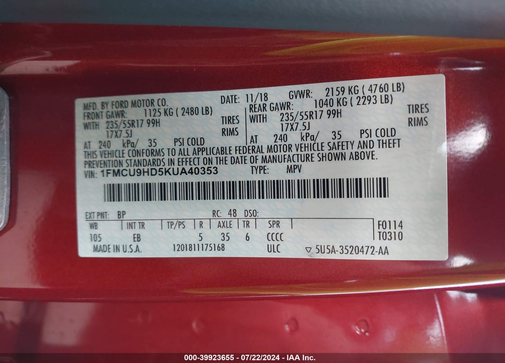 2019 FORD ESCAPE SEL VIN: 1FMCU9HD5KUA40353