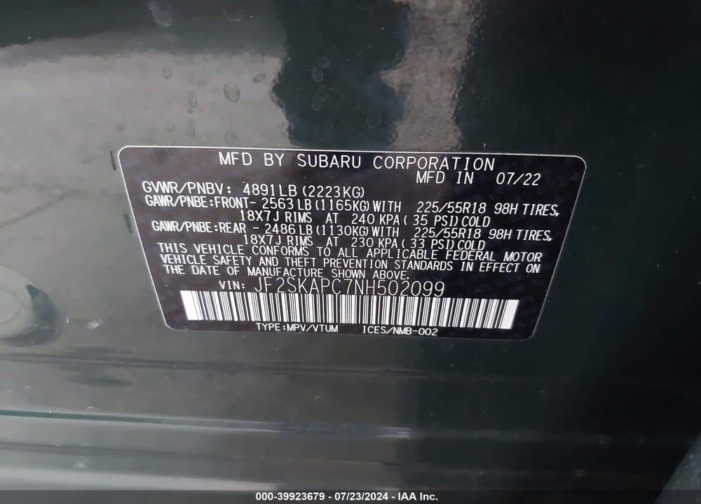 2022 SUBARU FORESTER LIMITED VIN: JF2SKAPC7NH502099