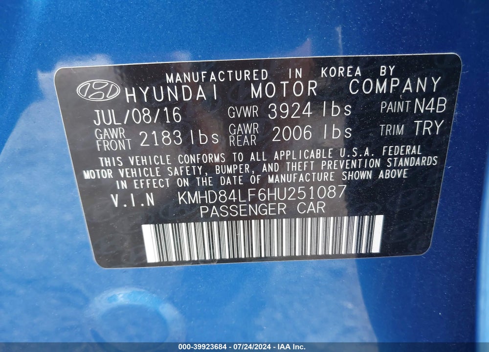 2017 HYUNDAI ELANTRA VALUE EDITION VIN: KMHD84LF6HU251087