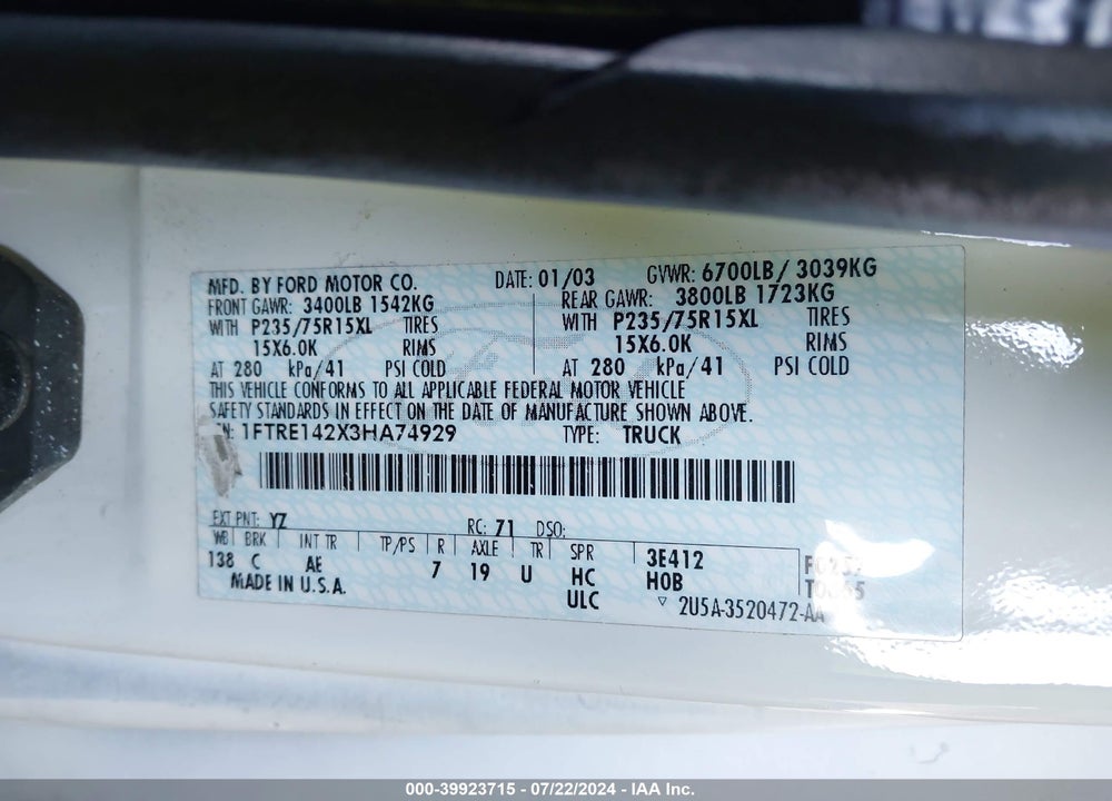 2003 FORD E-150 COMMERCIAL VIN: 1FTRE142X3HA74929