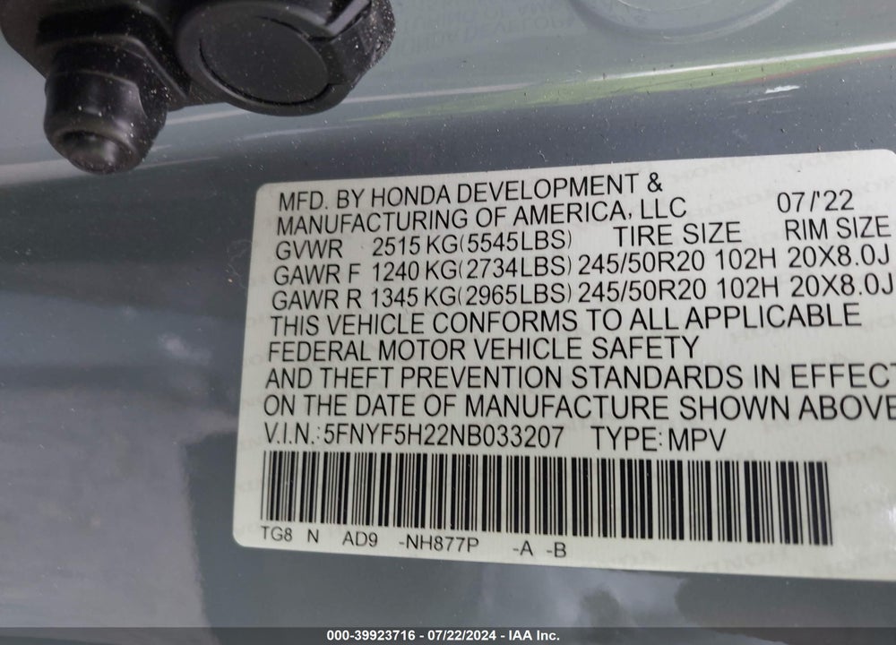 2022 HONDA PILOT 2WD SPECIAL EDITION VIN: 5FNYF5H22NB033207