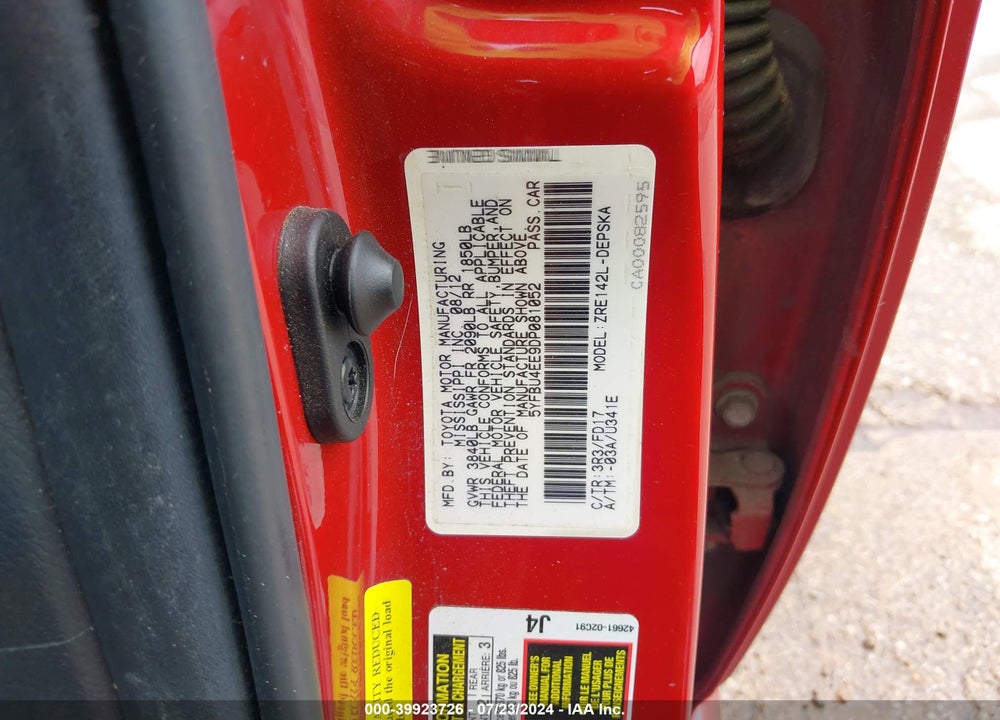 2013 TOYOTA COROLLA S VIN: 5YFBU4EE9DP081052
