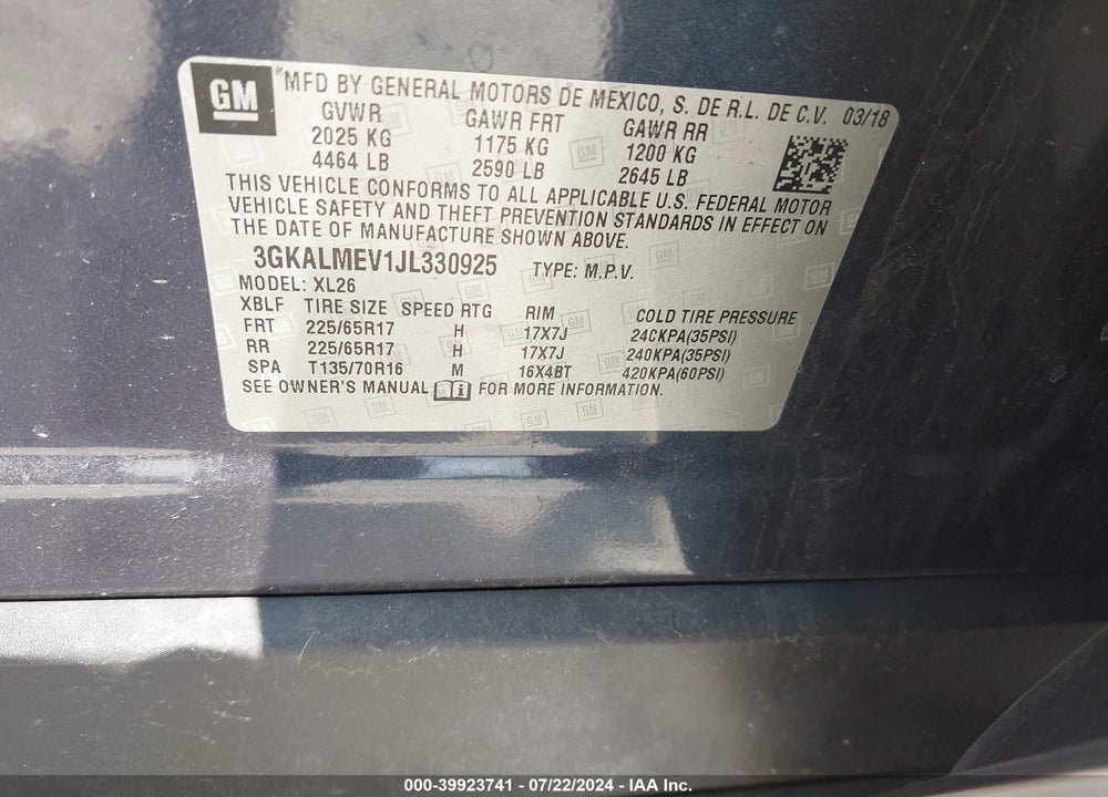 2018 GMC TERRAIN SLE VIN: 3GKALMEV1JL330925