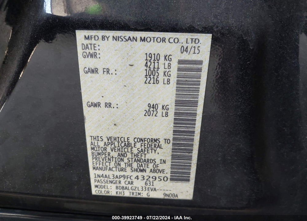 2015 NISSAN ALTIMA 2.5/2.5 S/2.5 SL/2.5 SV VIN: 1N4AL3AP9FC432950