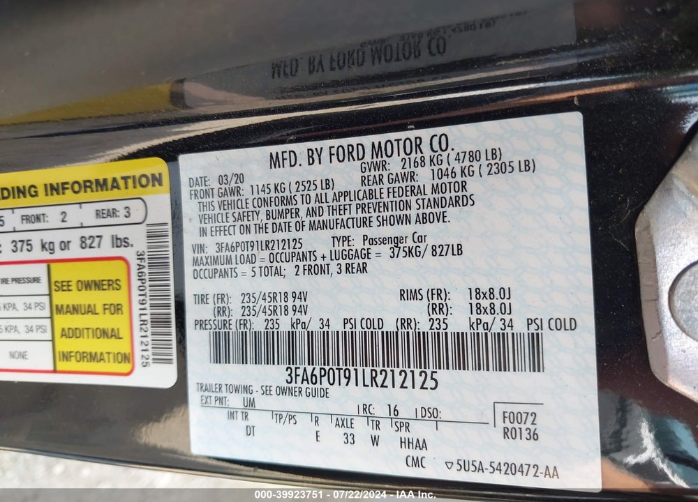 2020 FORD FUSION VIN: 3FA6P0T91LR212125