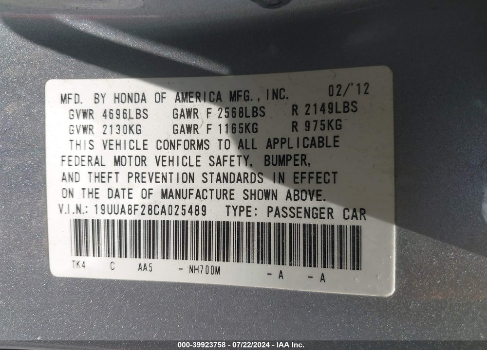 2012 ACURA TL 3.5 VIN: 19UUA8F28CA025489