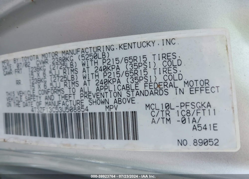 2003 TOYOTA SIENNA LE VIN: 4T3ZF13C53U508854