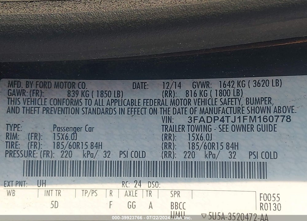 2015 FORD FIESTA S VIN: 3FADP4TJ1FM160778