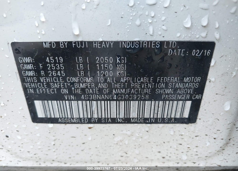 2016 SUBARU LEGACY 2.5I LIMITED VIN: 4S3BNAN64G3039258