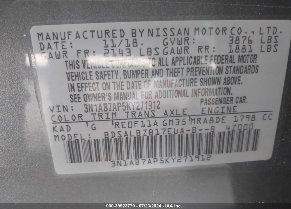 2019 NISSAN SENTRA S VIN: 3N1AB7AP5KY271912
