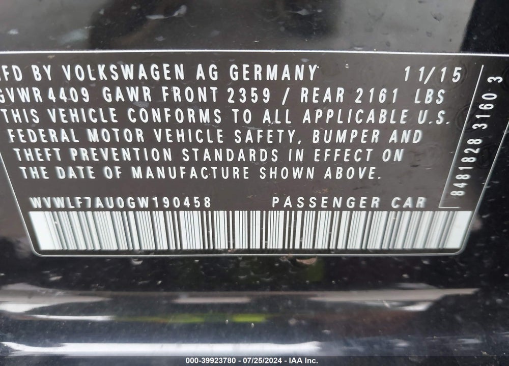 2016 VOLKSWAGEN GOLF R 4-DOOR VIN: WVWLF7AU0GW190458