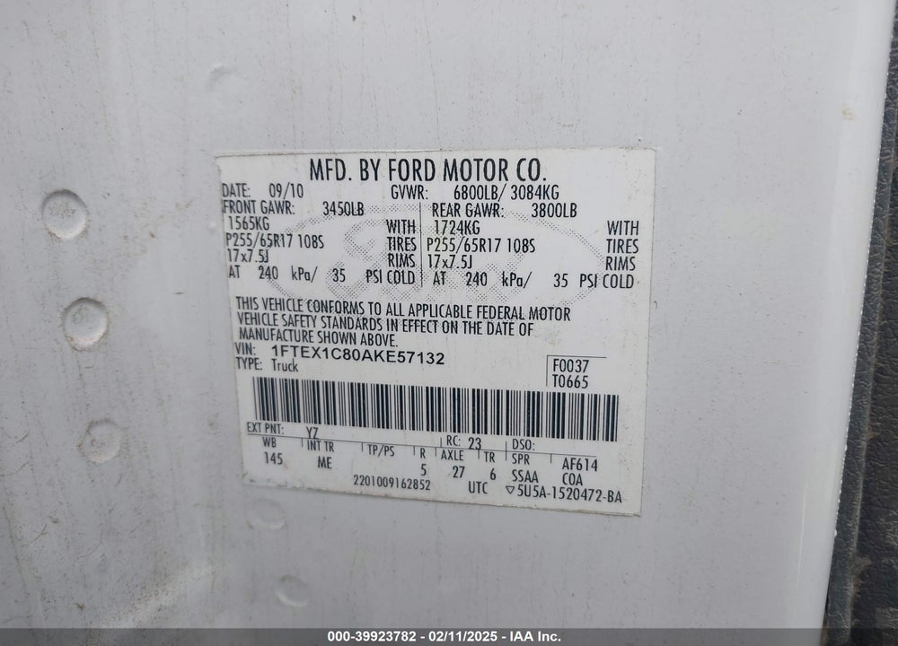 2010 FORD F-150 FX2 SPORT/STX/XL/XLT VIN: 1FTEX1C80AKE57132