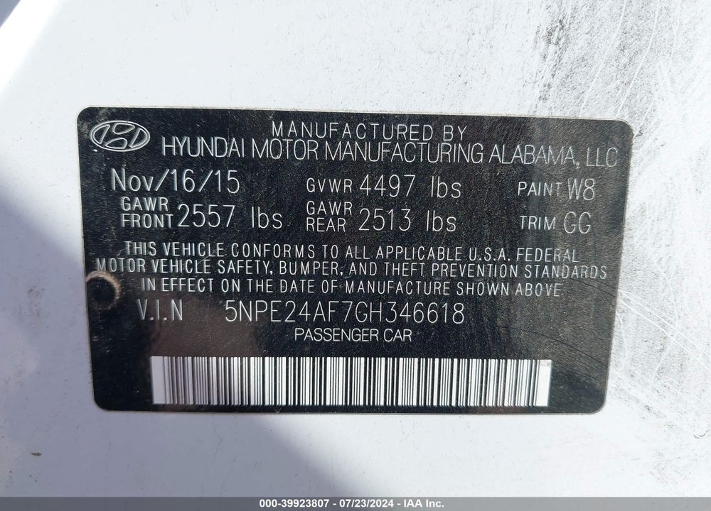 2016 HYUNDAI SONATA SE VIN: 5NPE24AF7GH346618