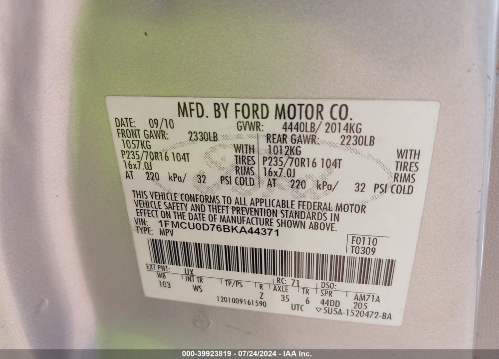 2011 FORD ESCAPE XLT VIN: 1FMCU0D76BKA44371