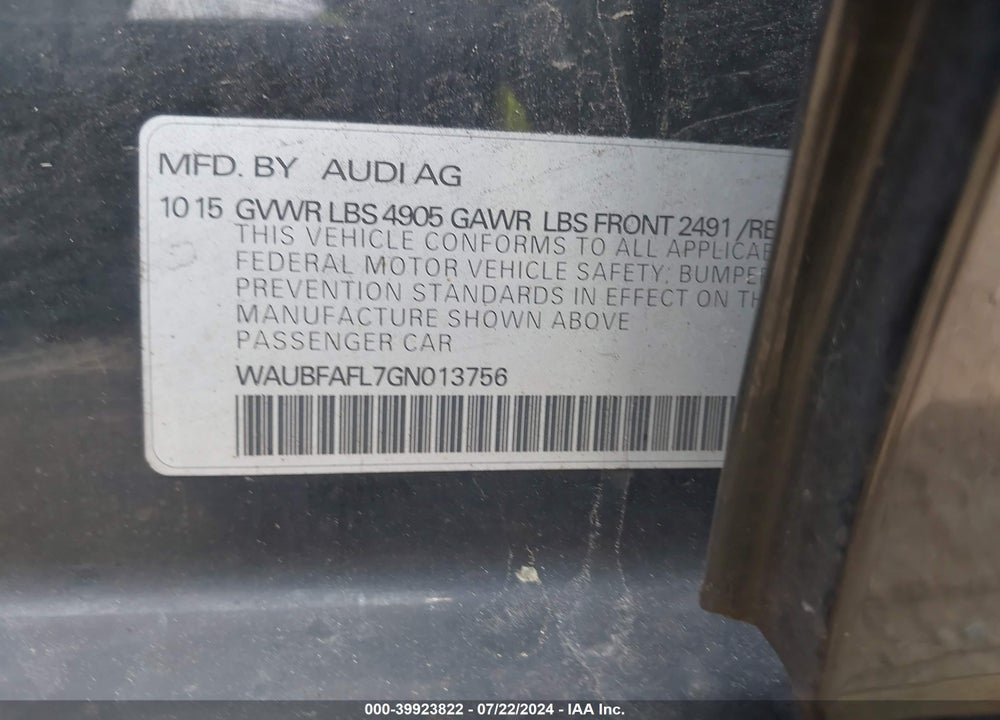 2016 AUDI A4 2.0T PREMIUM VIN: WAUBFAFL7GN013756