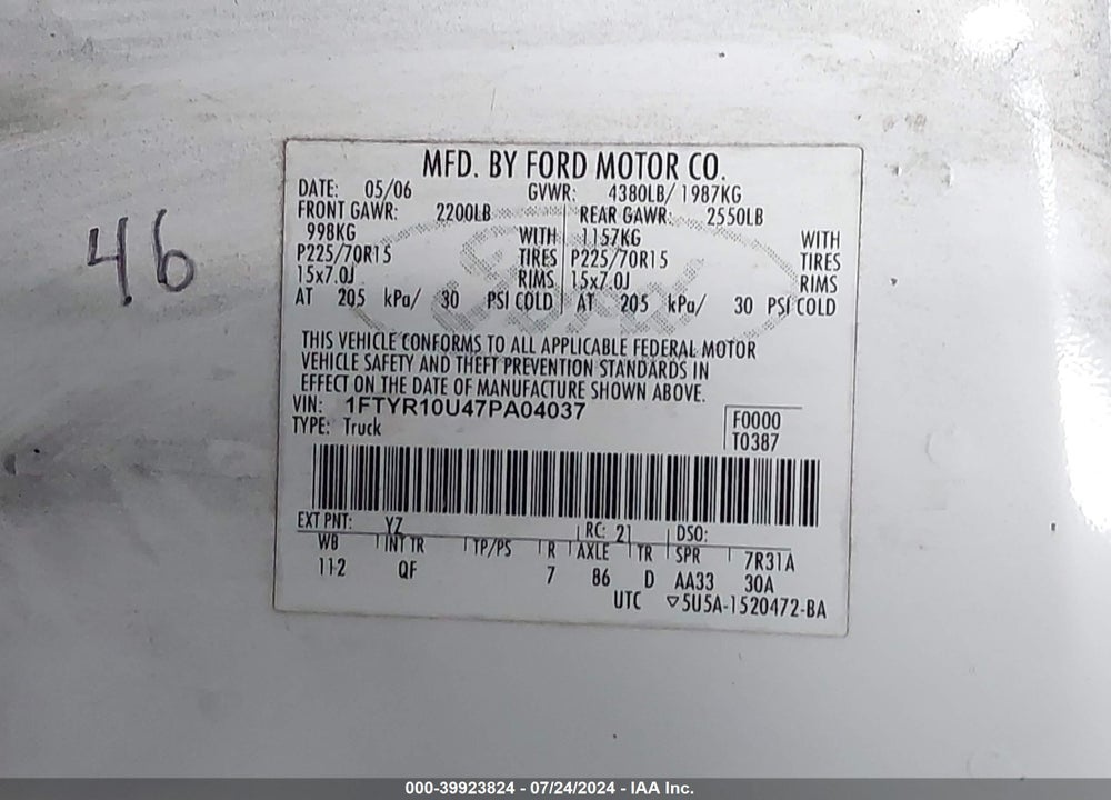 2007 FORD RANGER SPORT/STX/XL/XLT VIN: 1FTYR10U47PA04037