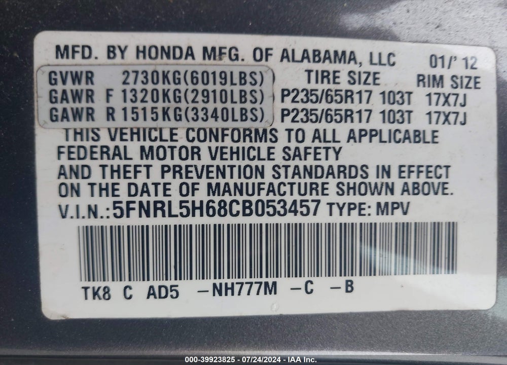 2012 HONDA ODYSSEY EX-L VIN: 5FNRL5H68CB053457