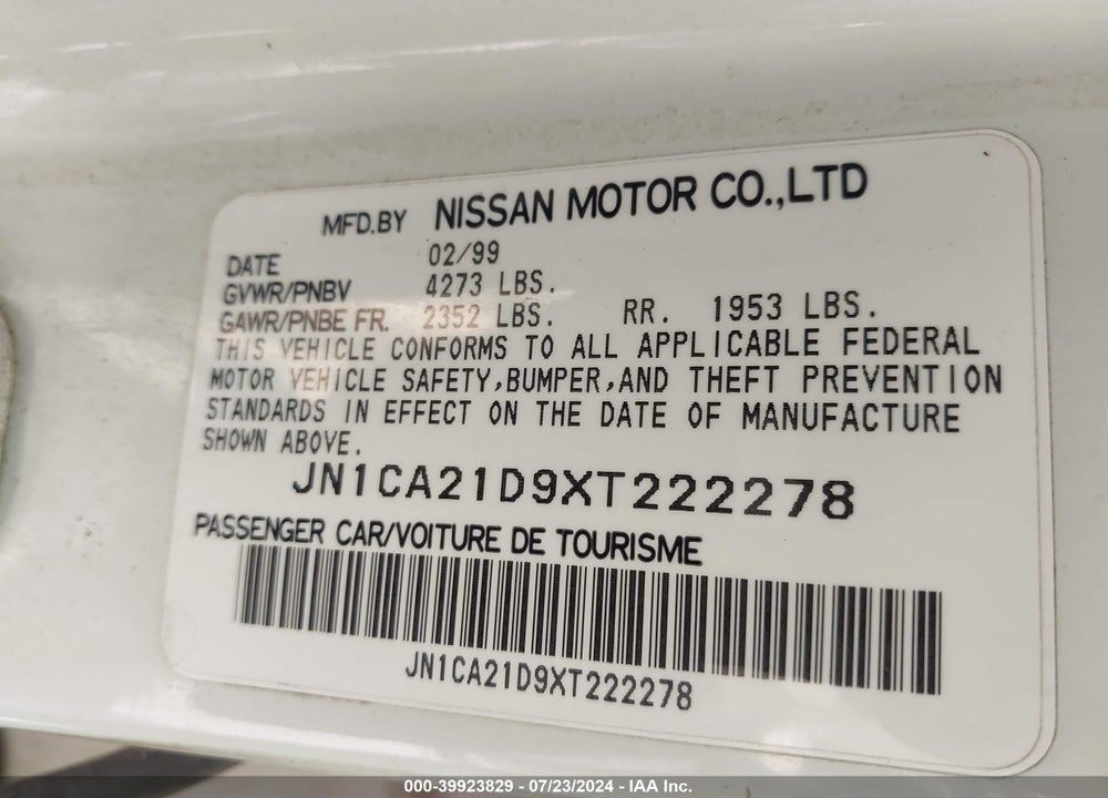 1999 NISSAN MAXIMA GLE/GXE/SE/SE-L VIN: JN1CA21D9XT222278