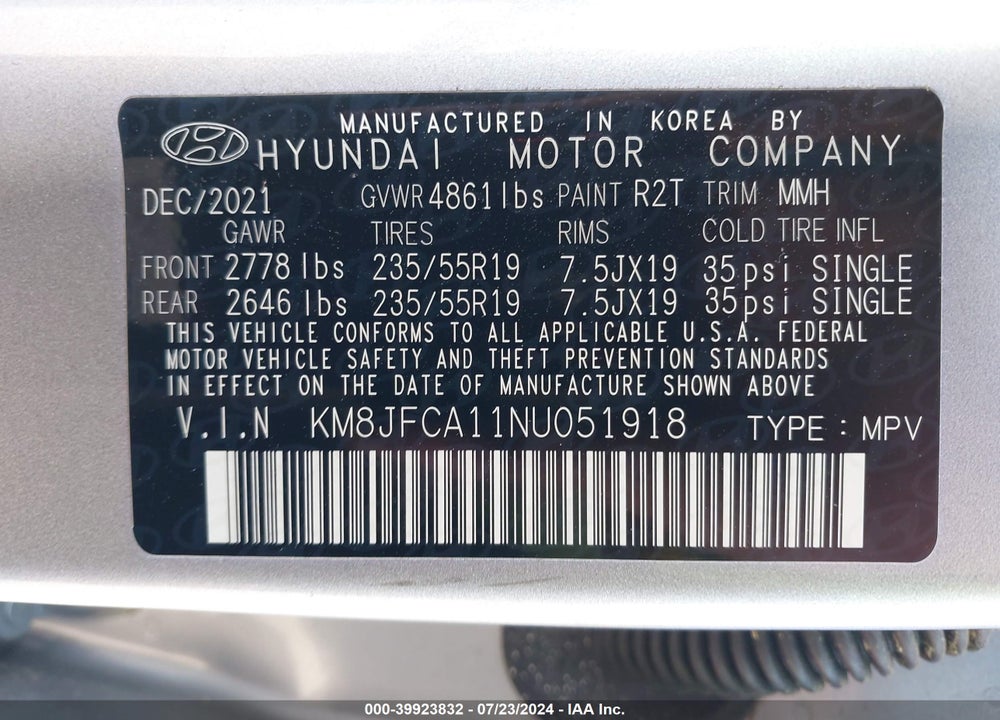 2022 HYUNDAI TUCSON HYBRID SEL CONVENIENCE VIN: KM8JFCA11NU051918