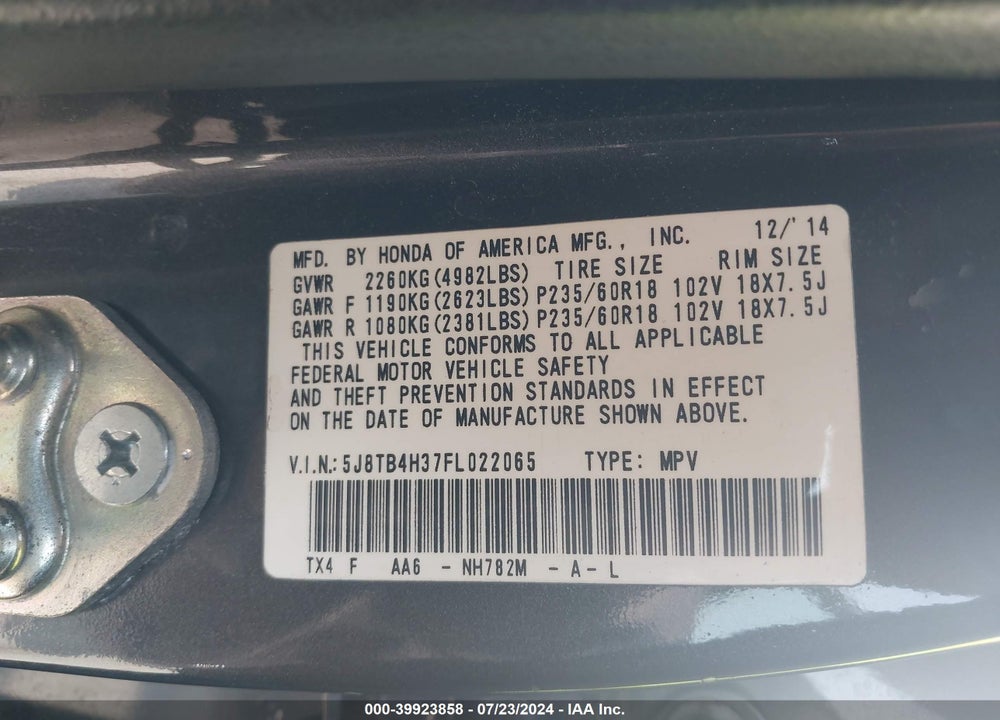 2015 ACURA RDX VIN: 5J8TB4H37FL022065
