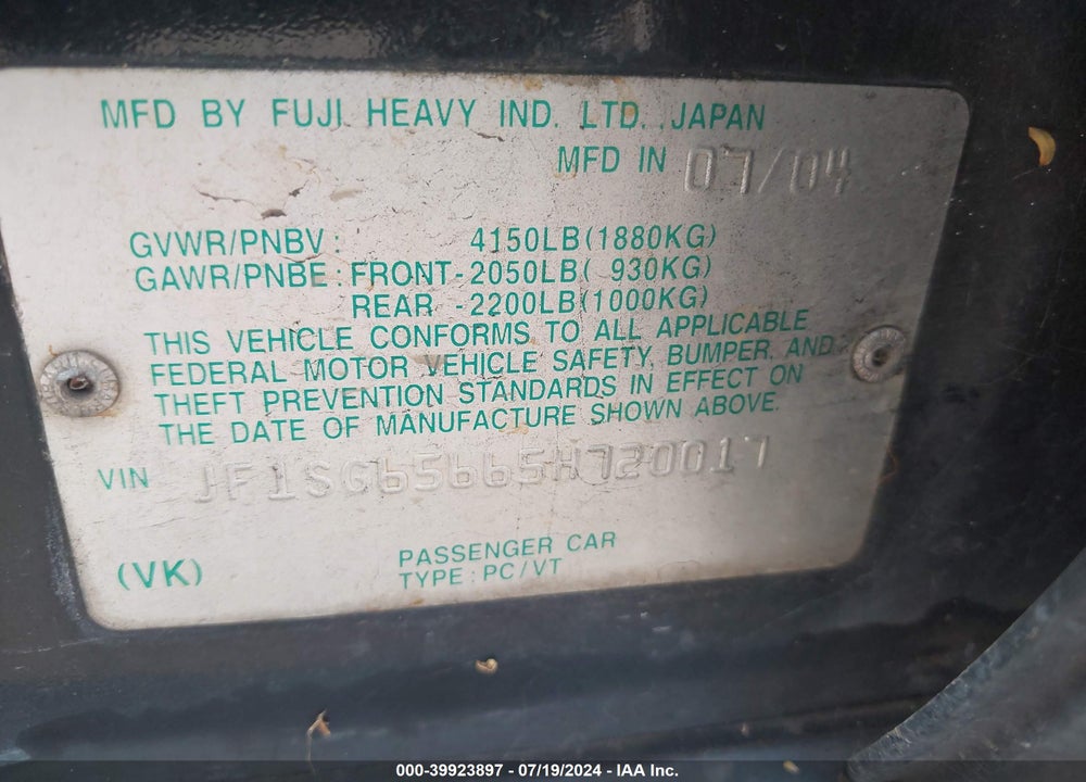 2005 SUBARU FORESTER 2.5XS VIN: JF1SG65665H720017
