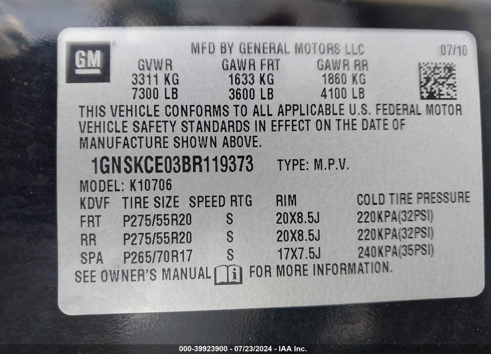 2011 CHEVROLET TAHOE LTZ VIN: 1GNSKCE03BR119373