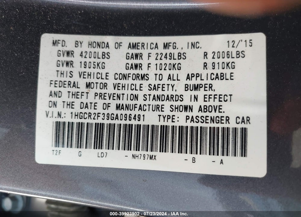 2016 HONDA ACCORD LX VIN: 1HGCR2F39GA096491