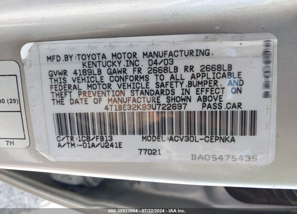 2003 TOYOTA CAMRY LE VIN: 4T1BE32K93U722697