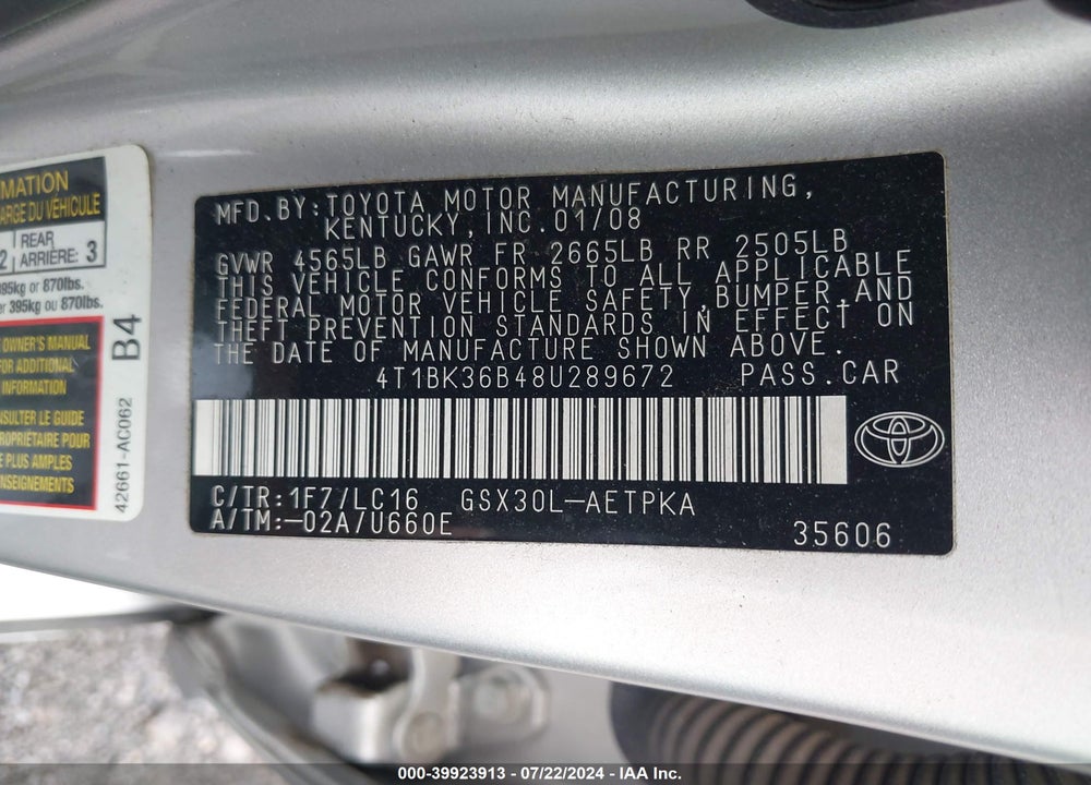 2008 TOYOTA AVALON LIMITED VIN: 4T1BK36B48U289672