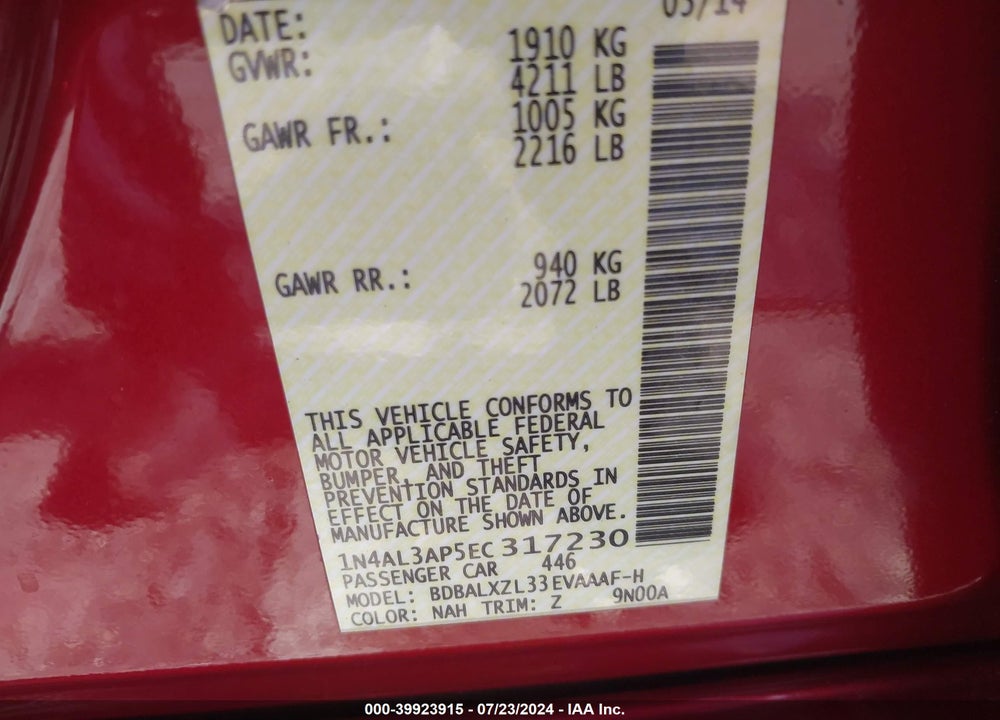 2014 NISSAN ALTIMA 2.5 SL VIN: 1N4AL3AP5EC317230