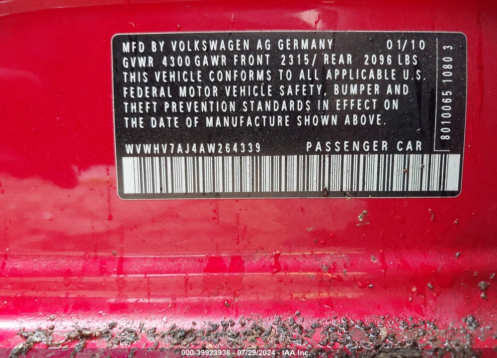 2010 VOLKSWAGEN GTI 4-DOOR VIN: WVWHV7AJ4AW264339