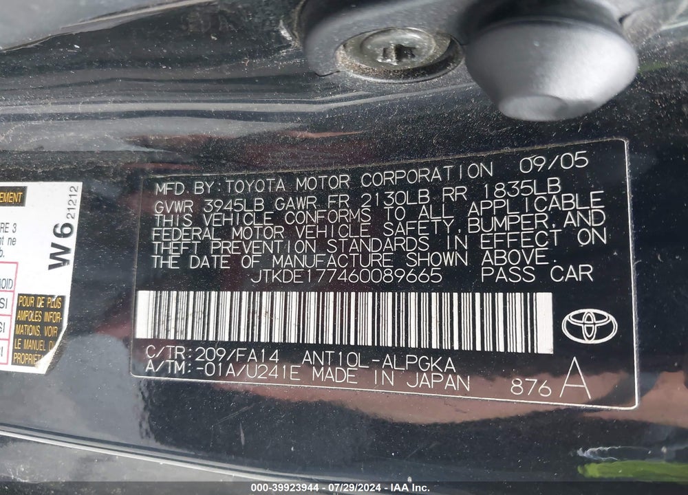 2006 SCION TC VIN: JTKDE177460089665