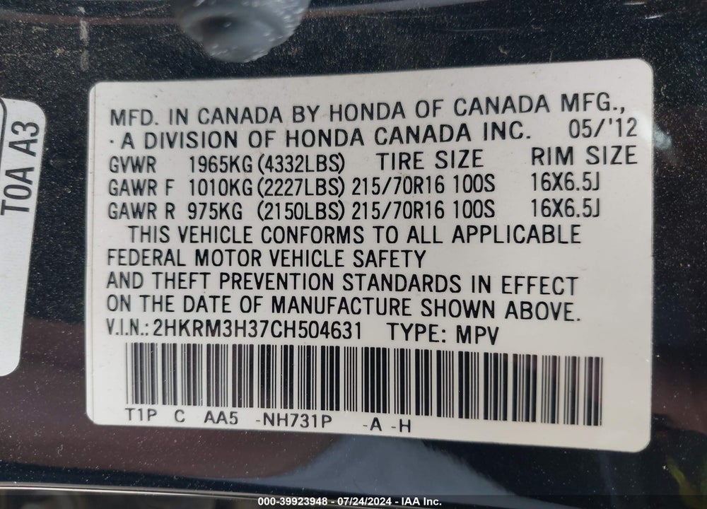 2012 HONDA CR-V LX VIN: 2HKRM3H37CH504631