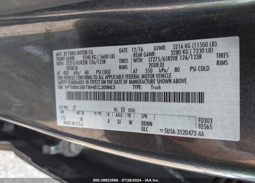 2017 FORD F-350 LARIAT VIN: 1FT8W3BT8HEC30863