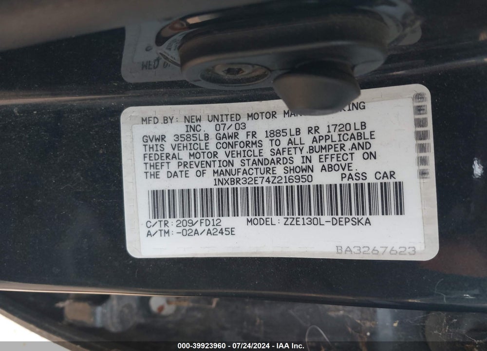 2004 TOYOTA COROLLA S VIN: 1NXBR32E74Z216950