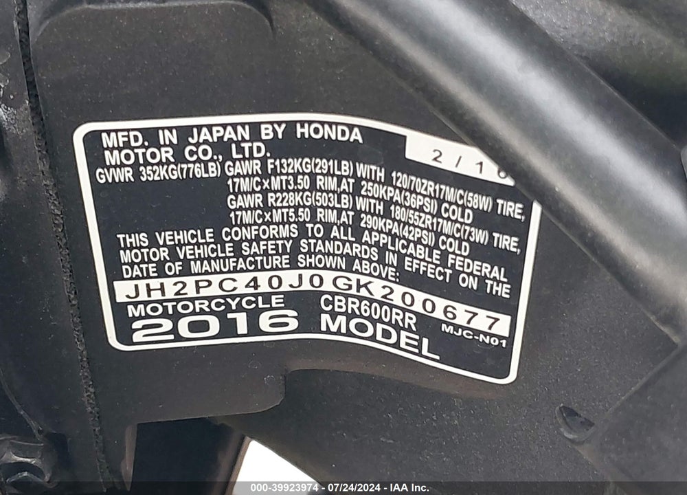 2016 HONDA CBR600 RR VIN: JH2PC40J0GK200677