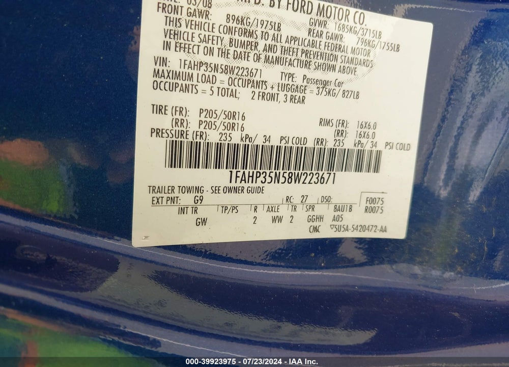 2008 FORD FOCUS VIN: 1FAHP35N58W223671