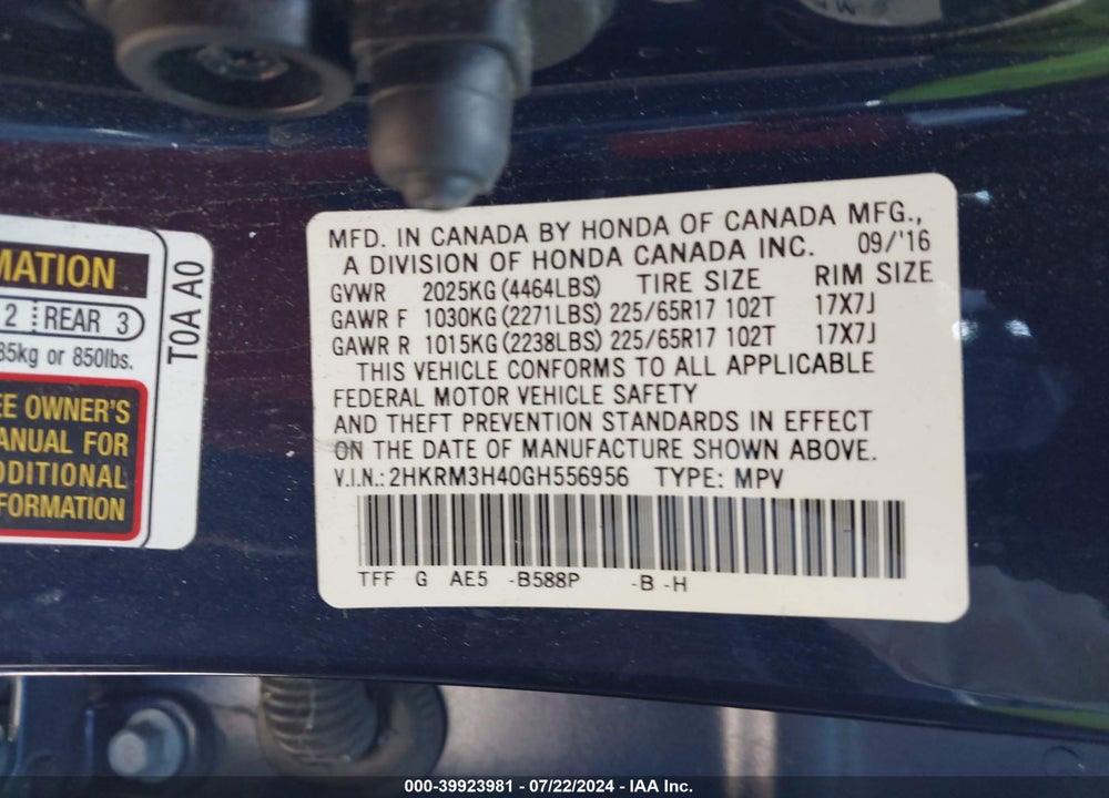 2016 HONDA CR-V SE VIN: 2HKRM3H40GH556956