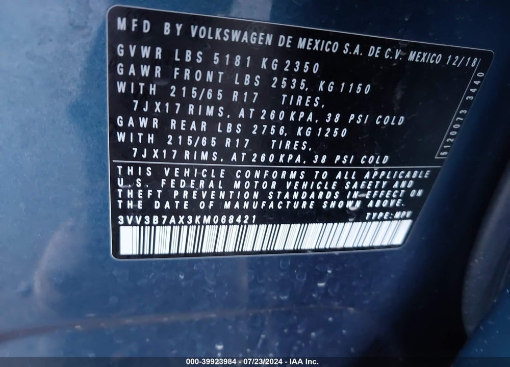 2019 VOLKSWAGEN TIGUAN 2.0T SE/2.0T SEL/2.0T SEL R-LINE/2.0T SEL R-LINE BLACK VIN: 3VV3B7AX3KM068421