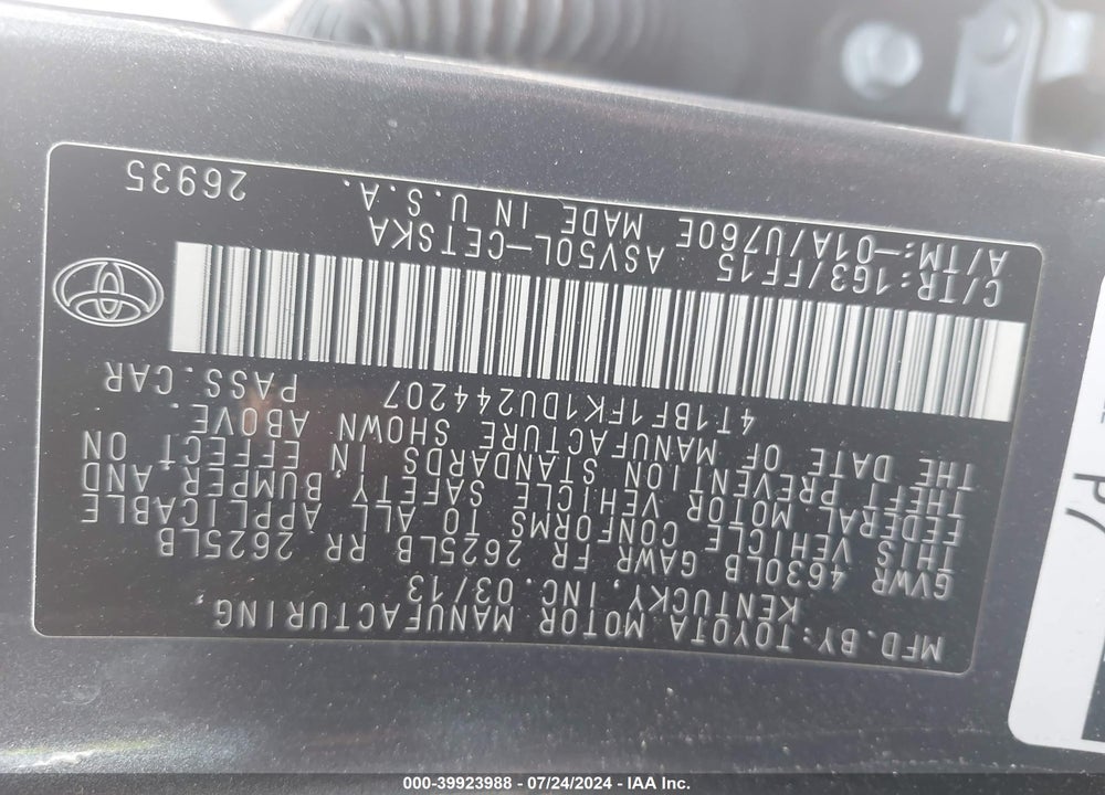 2013 TOYOTA CAMRY SE VIN: 4T1BF1FK1DU244207