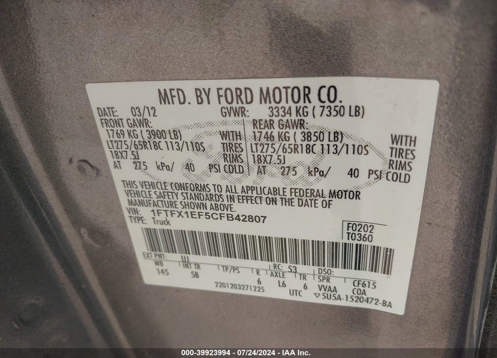 2012 FORD F-150 FX4 VIN: 1FTFX1EF5CFB42807