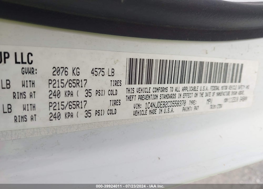 2012 JEEP COMPASS LATITUDE VIN: 1C4NJDEB2CD558370