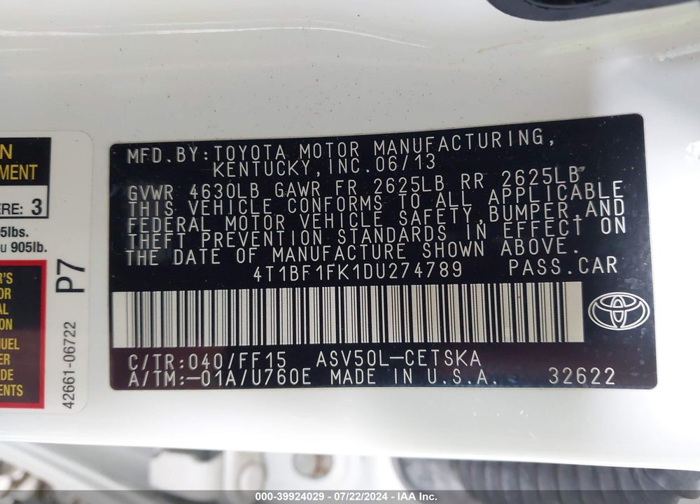 2013 TOYOTA CAMRY SE VIN: 4T1BF1FK1DU274789