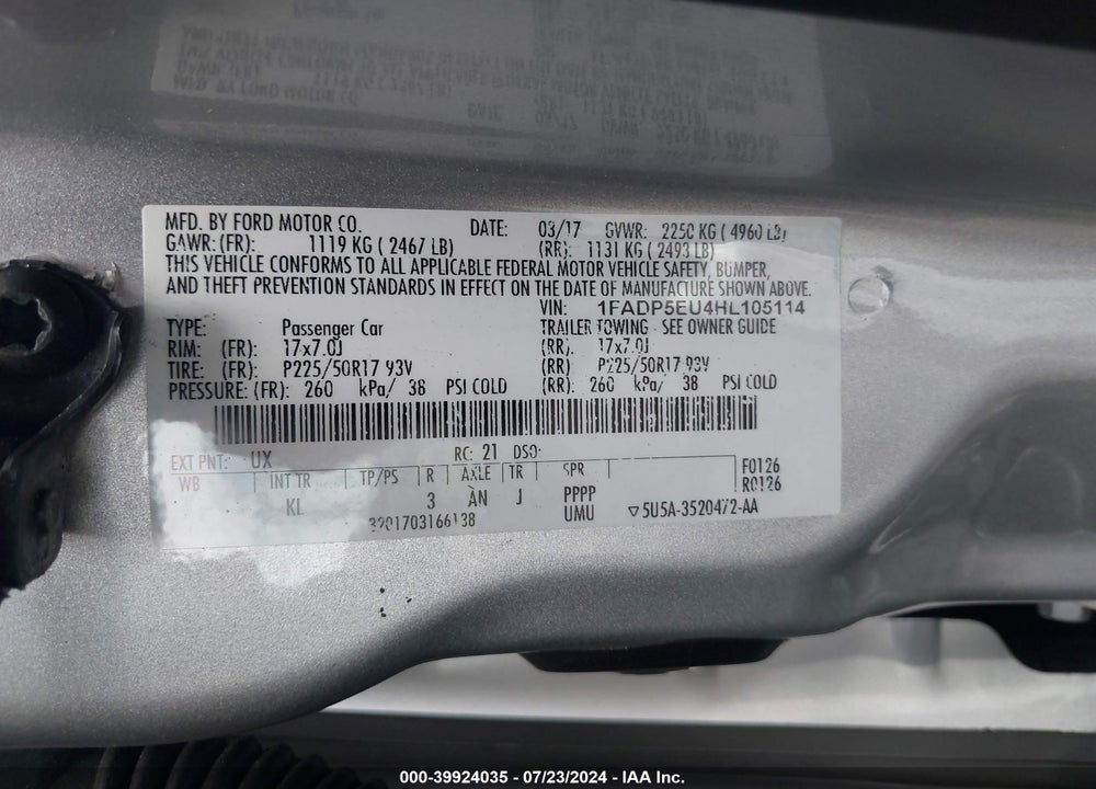 2017 FORD C-MAX ENERGI SE VIN: 1FADP5EU4HL105114