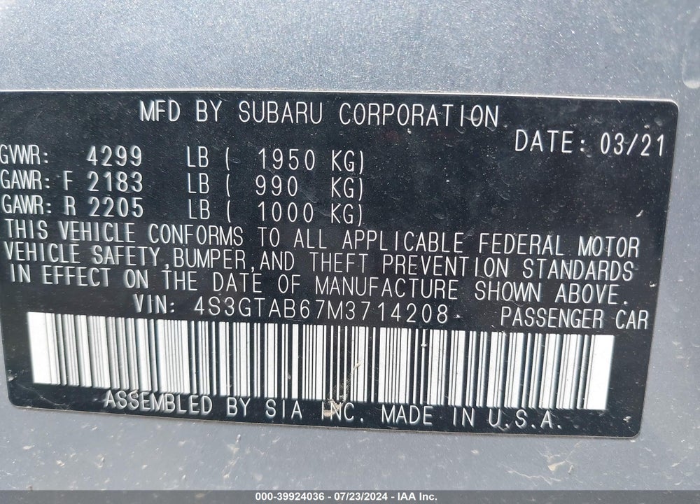 2021 SUBARU IMPREZA 5-DOOR VIN: 4S3GTAB67M3714208