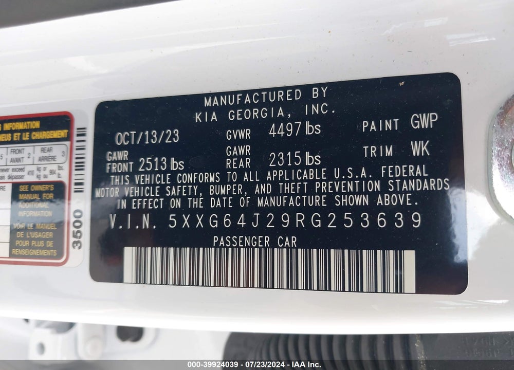 2024 KIA K5 GT LINE VIN: 5XXG64J29RG253639